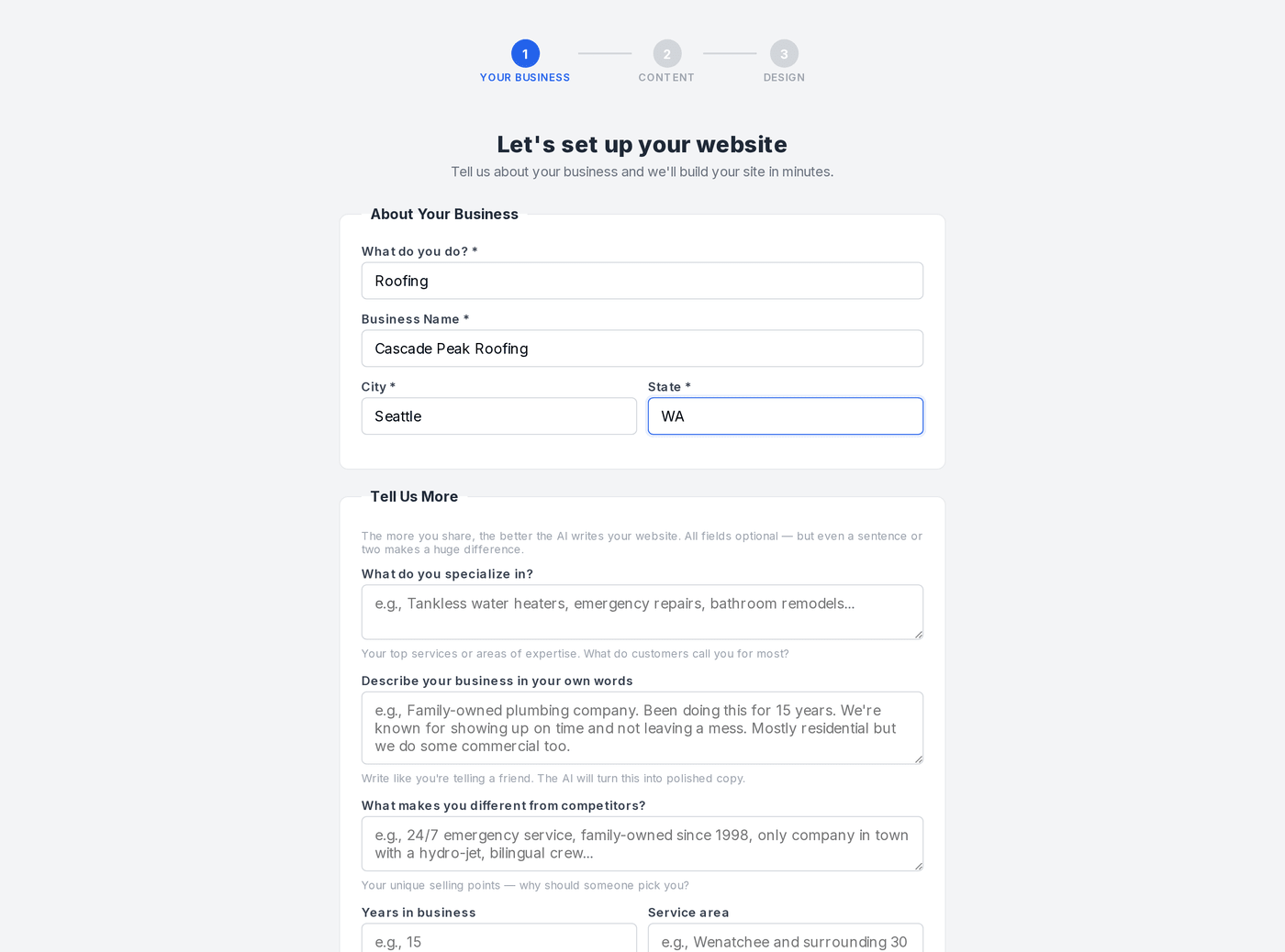 TradeForge setup wizard — enter your trade, business name, and city