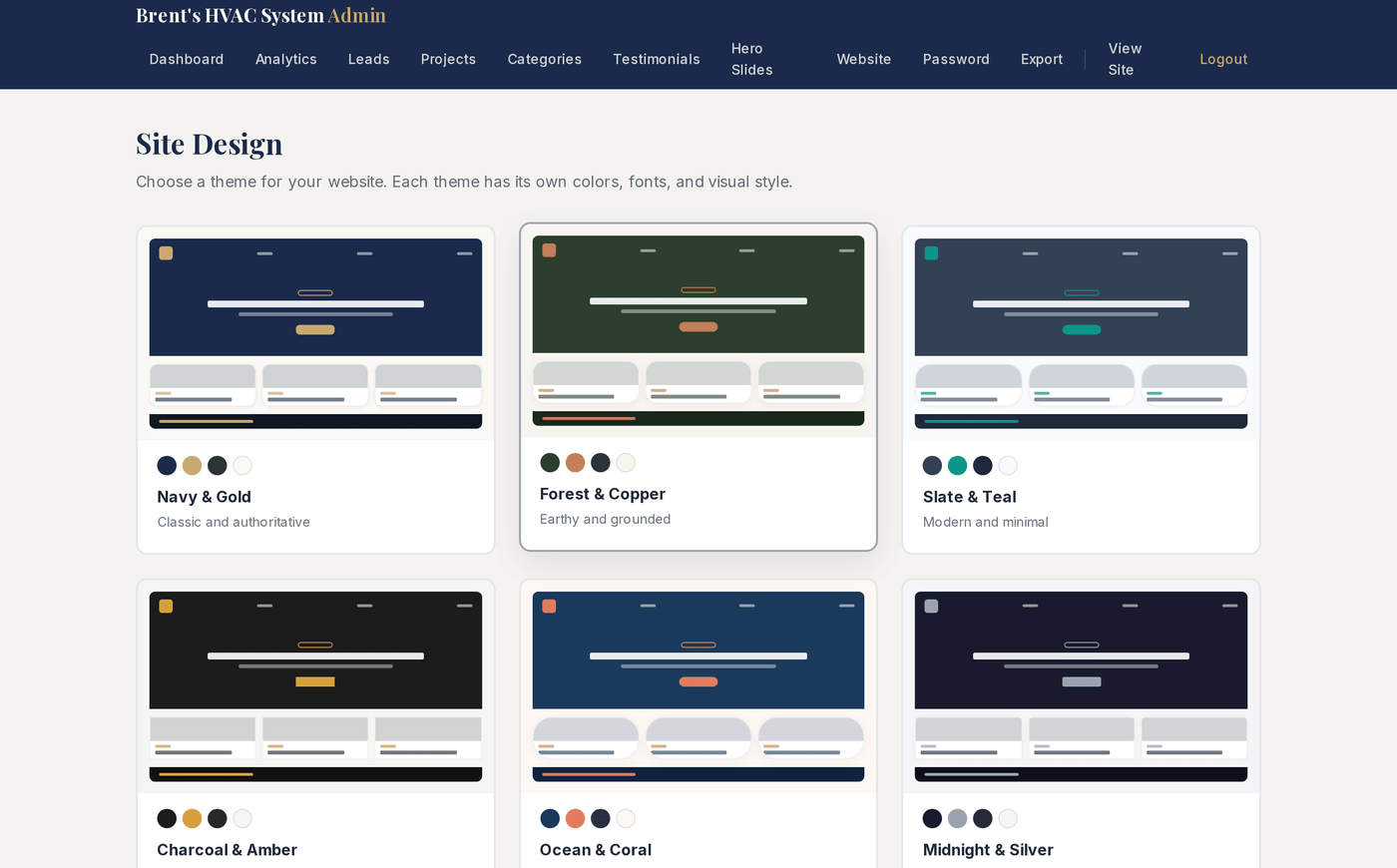 TradeForge design picker — choose from ten color themes